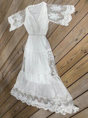 Vintage Boho Lace Wedding Dress Womens Small